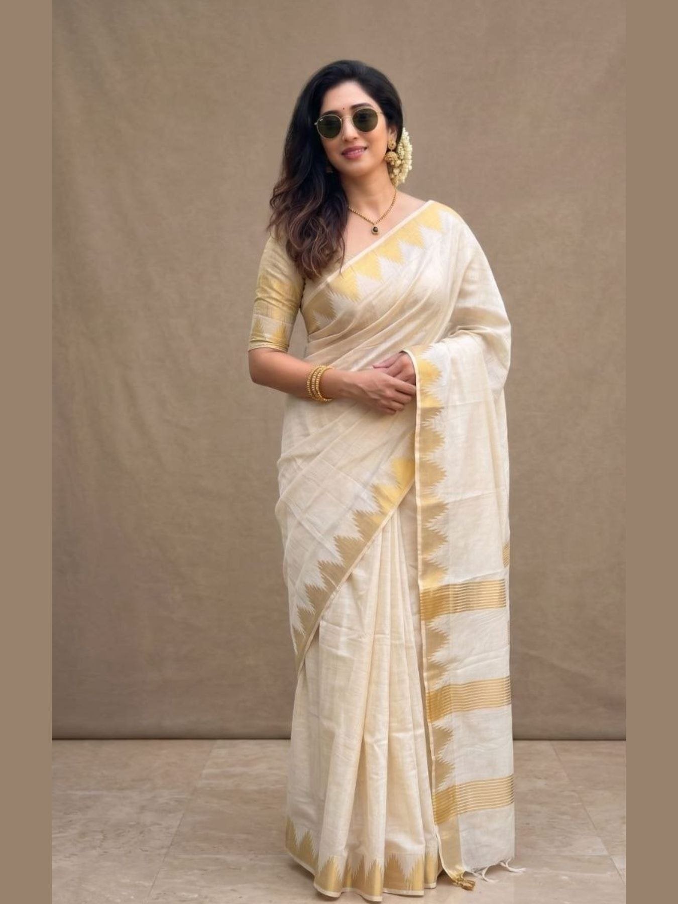 Cream Tussar Saree for women - full front view | Snyvia