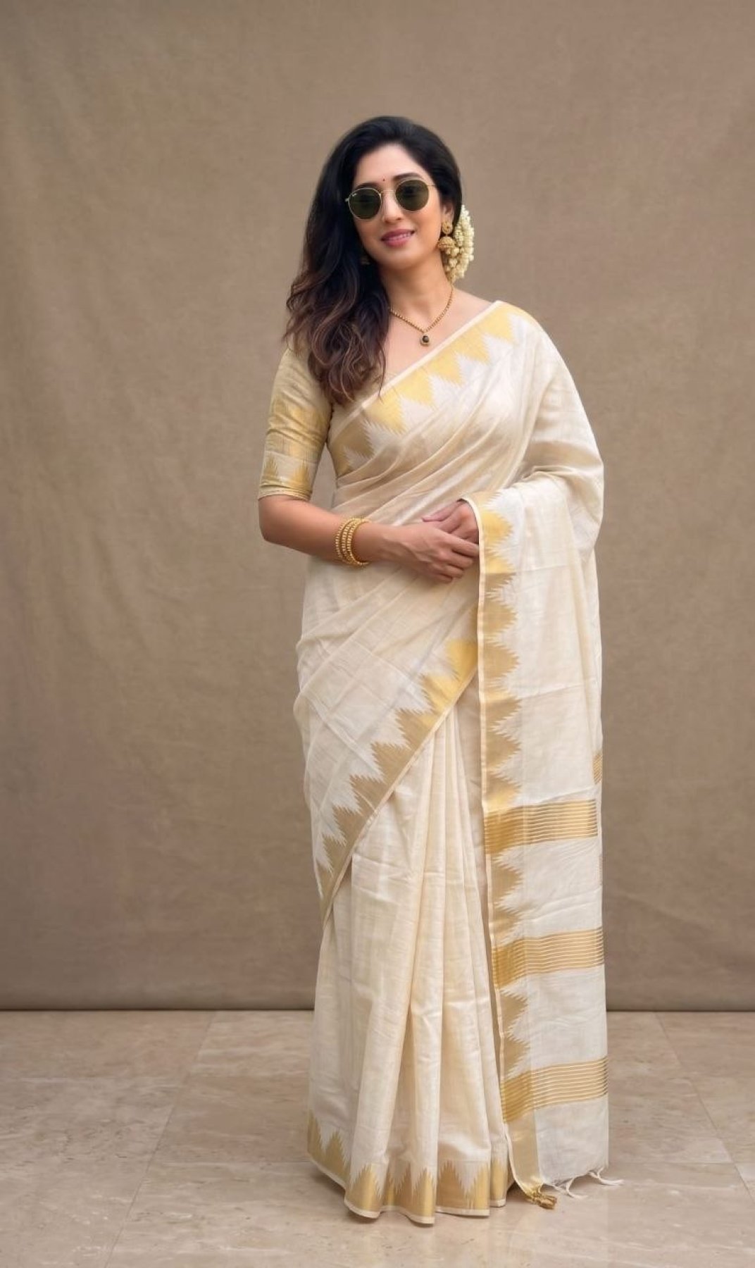 Cream Tussar Saree - side drape view