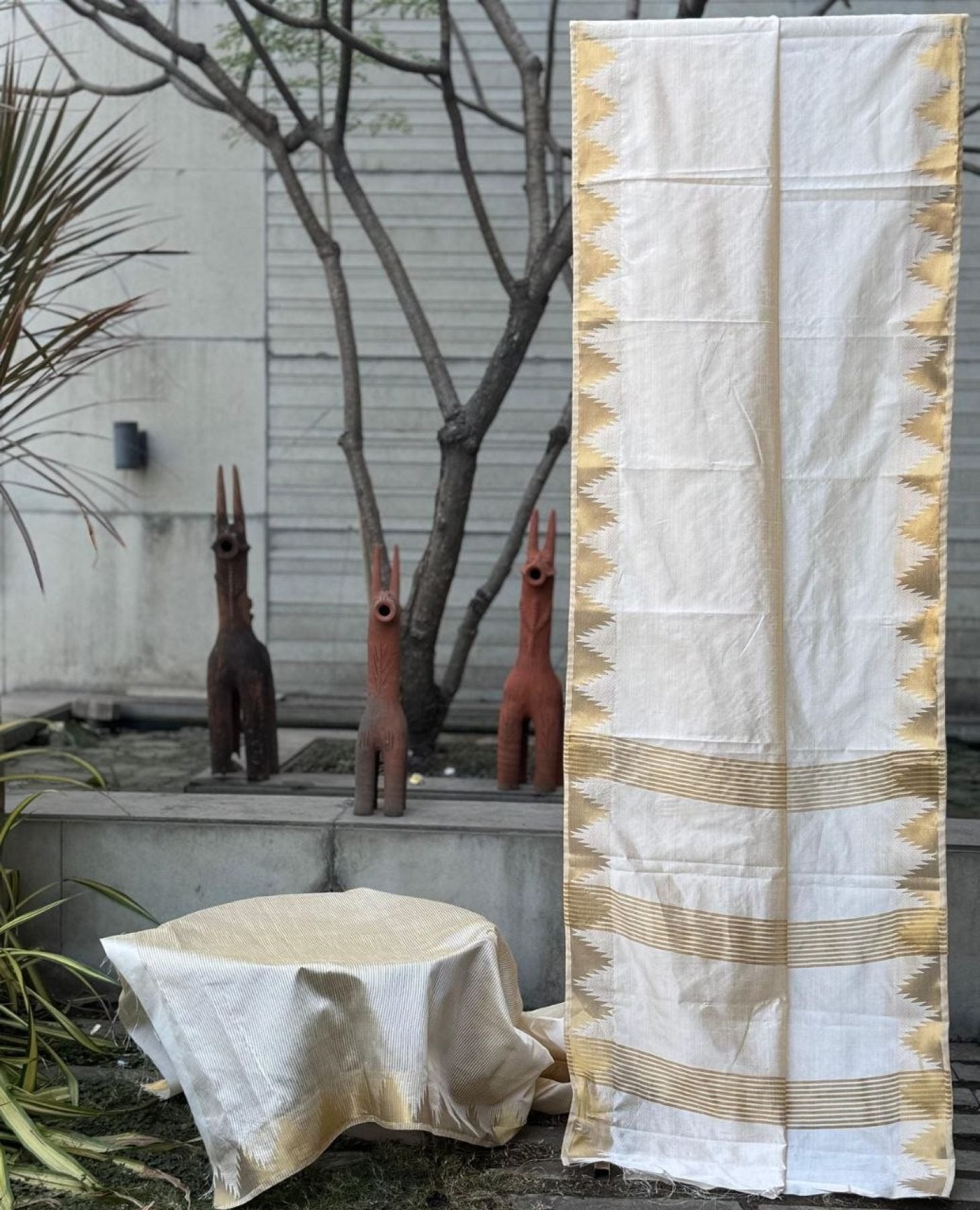Cream Tussar Saree - fabric texture close-up