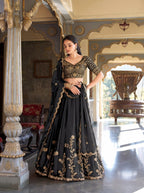 Blue Rangoli Silk Lehenga Choli with Zari Dori Sequins Work for Wedding Wear blouse and dupatta detail