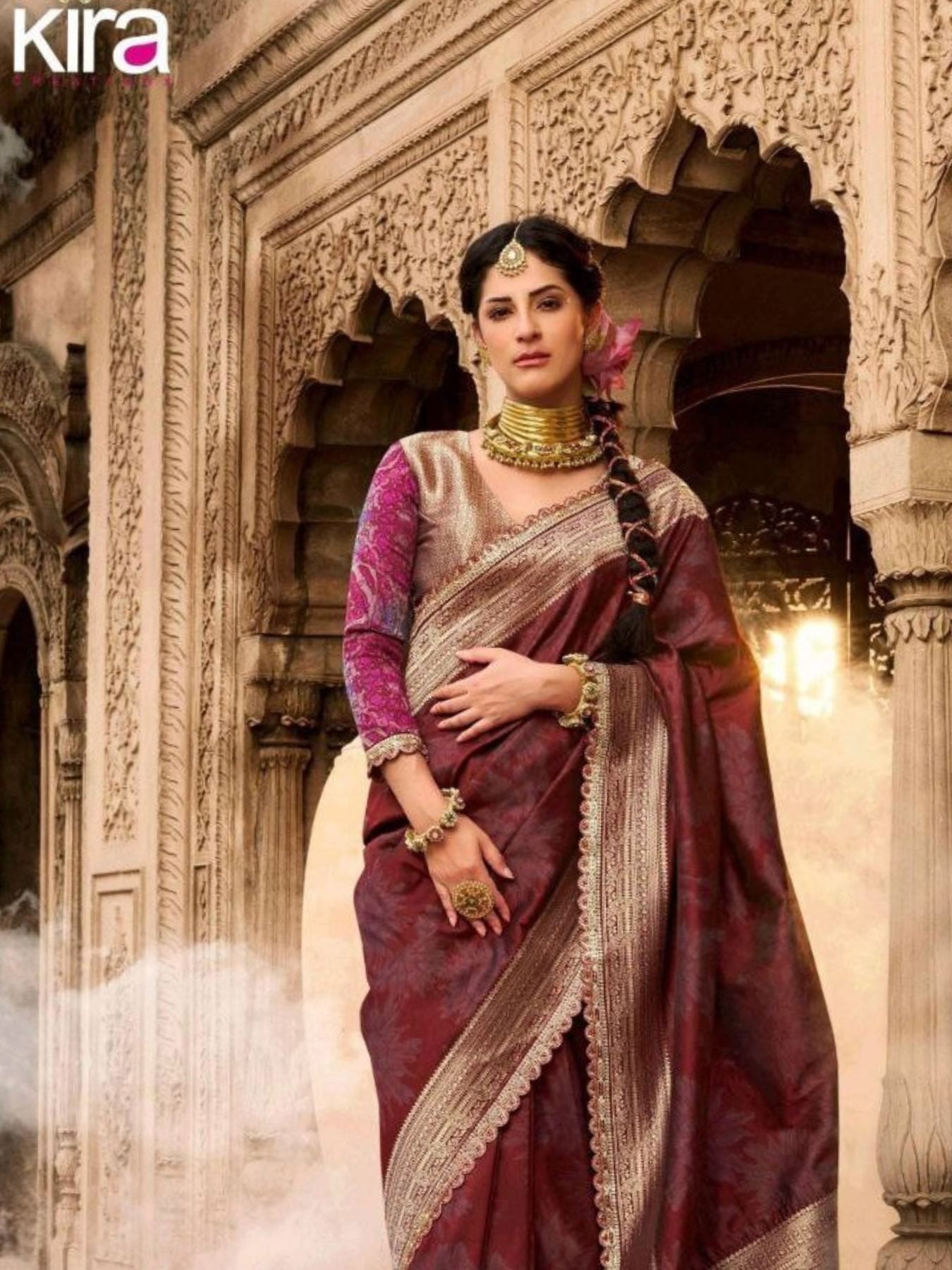 Maroon Banarasi Saree for women - full front view | Snyvia