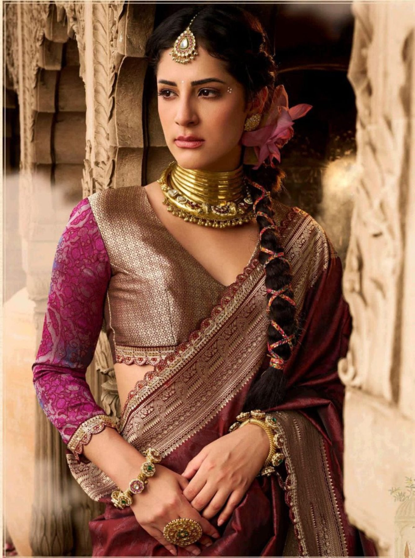 Maroon Banarasi Saree - drape and pallu detail