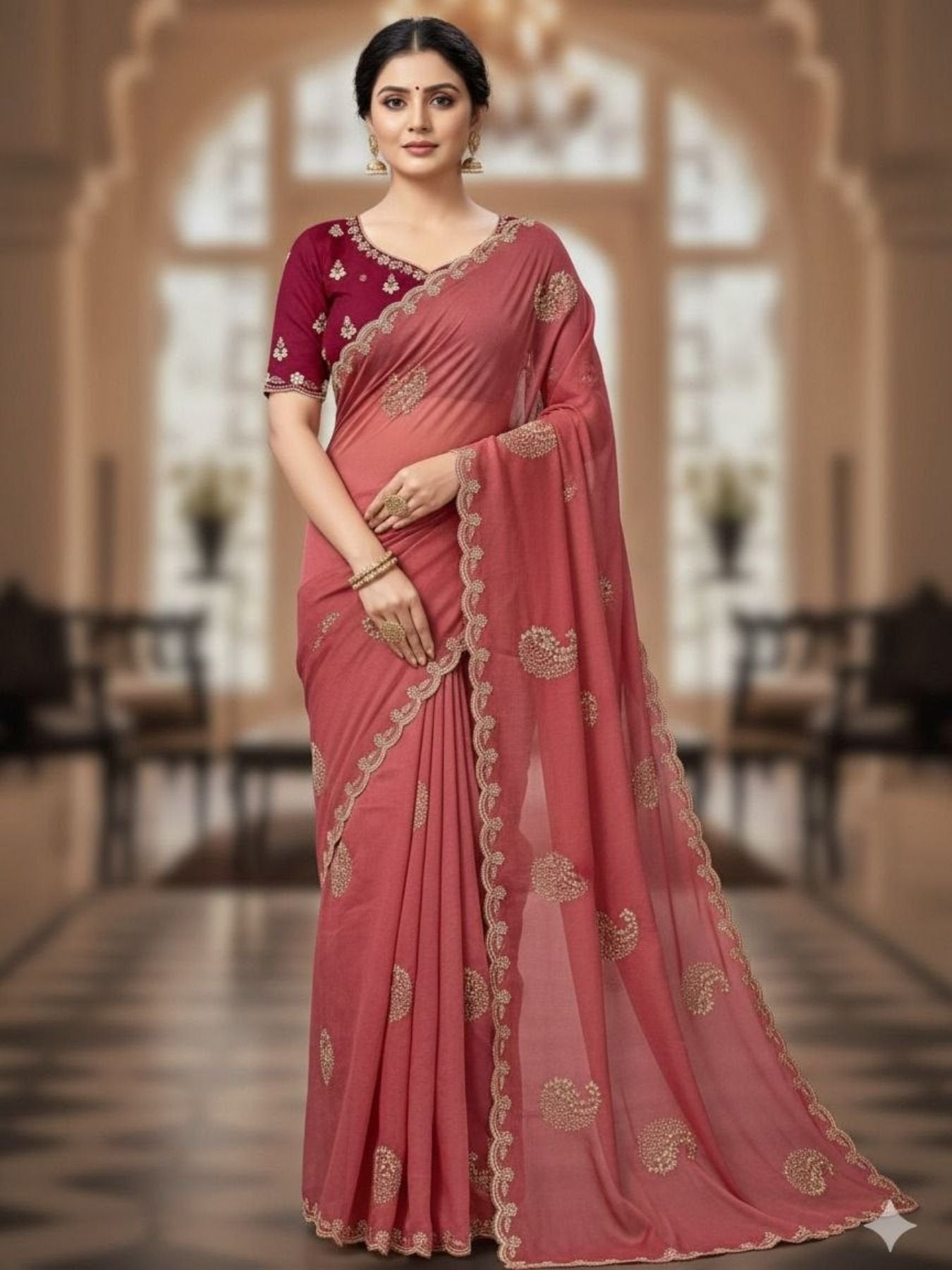 Maroon Georgette Saree for women - full front view | Snyvia