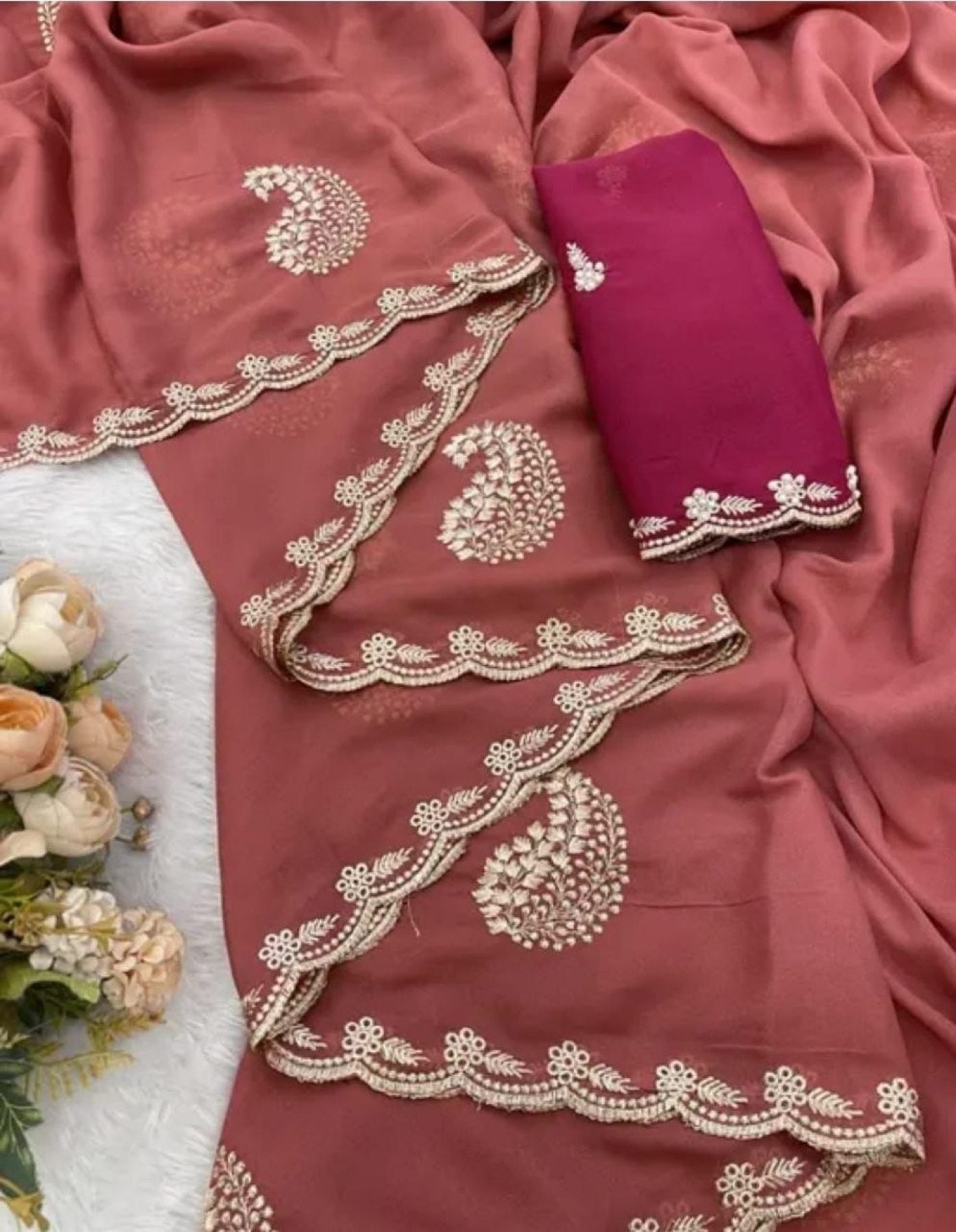 Maroon Georgette Saree - drape and pallu detail