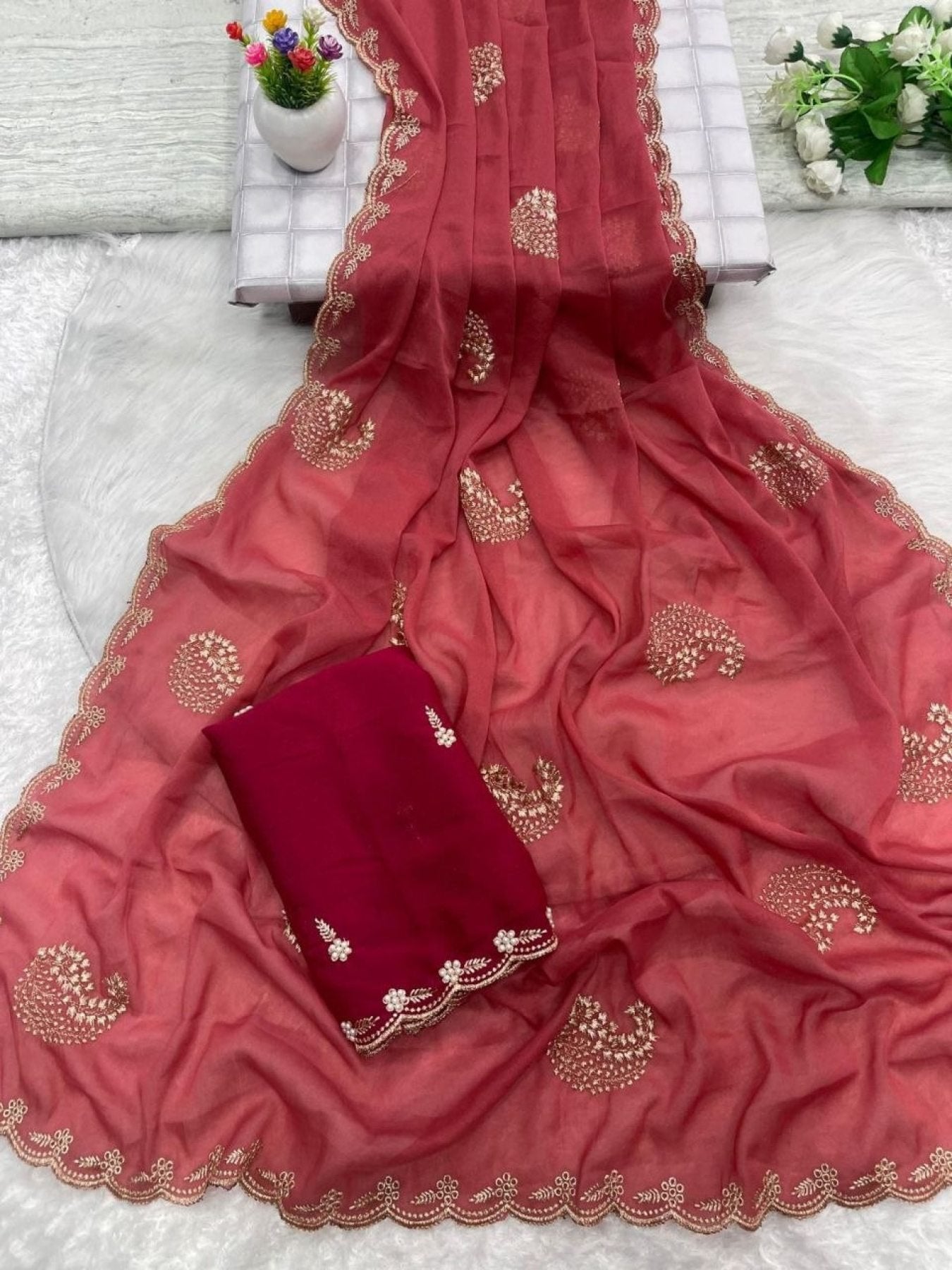 Maroon Georgette Saree - side drape view