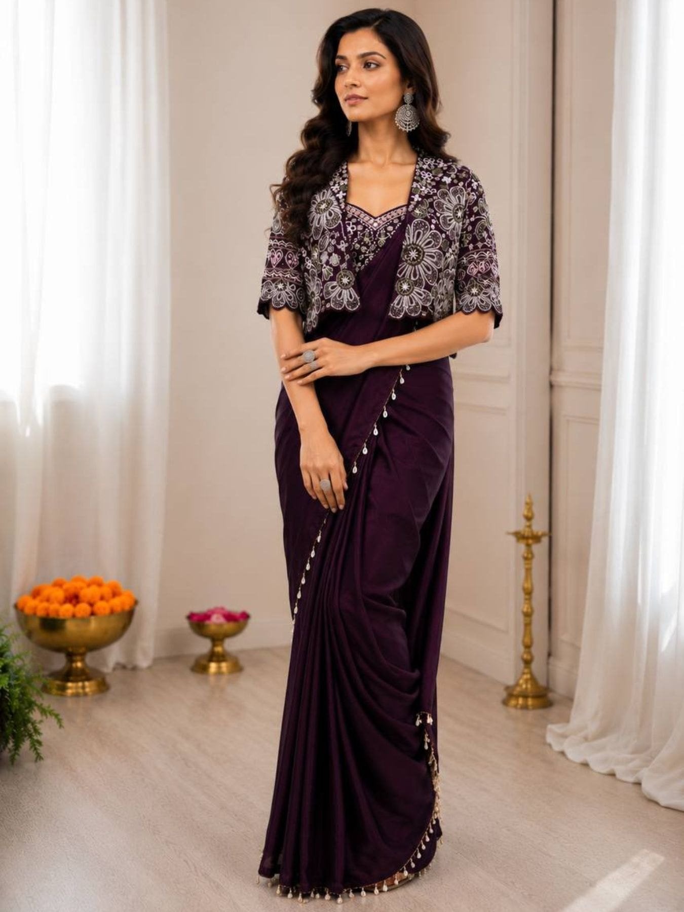 Wine Crepe Saree for women - full front view | Snyvia