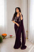 Wine Crepe Saree - drape and pallu detail