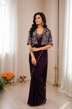 Wine Crepe Saree - side drape view