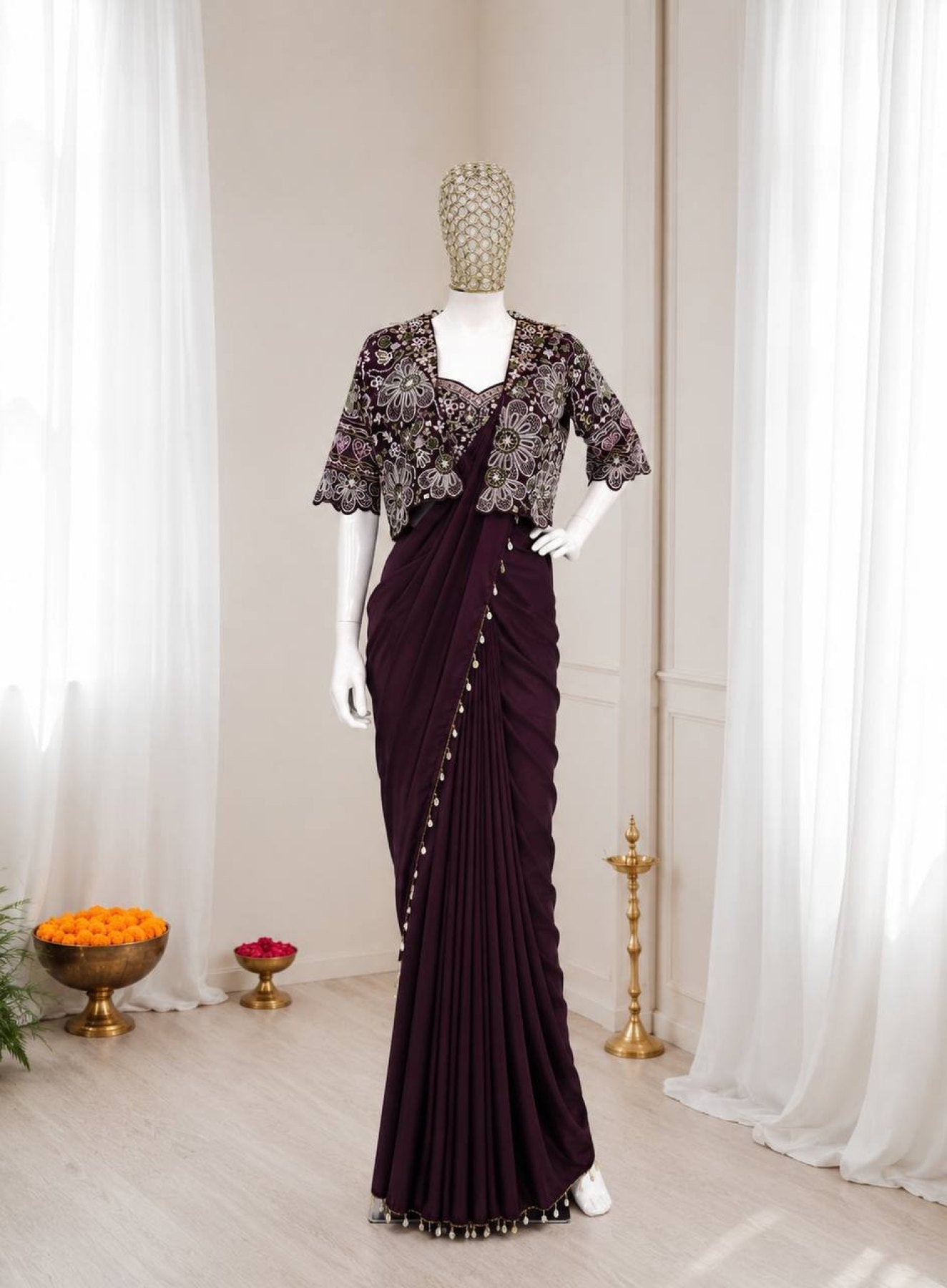 Wine Crepe Saree - Embroidery embroidery work detail
