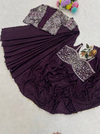 Wine Crepe Saree - Embroidery pallu design detail