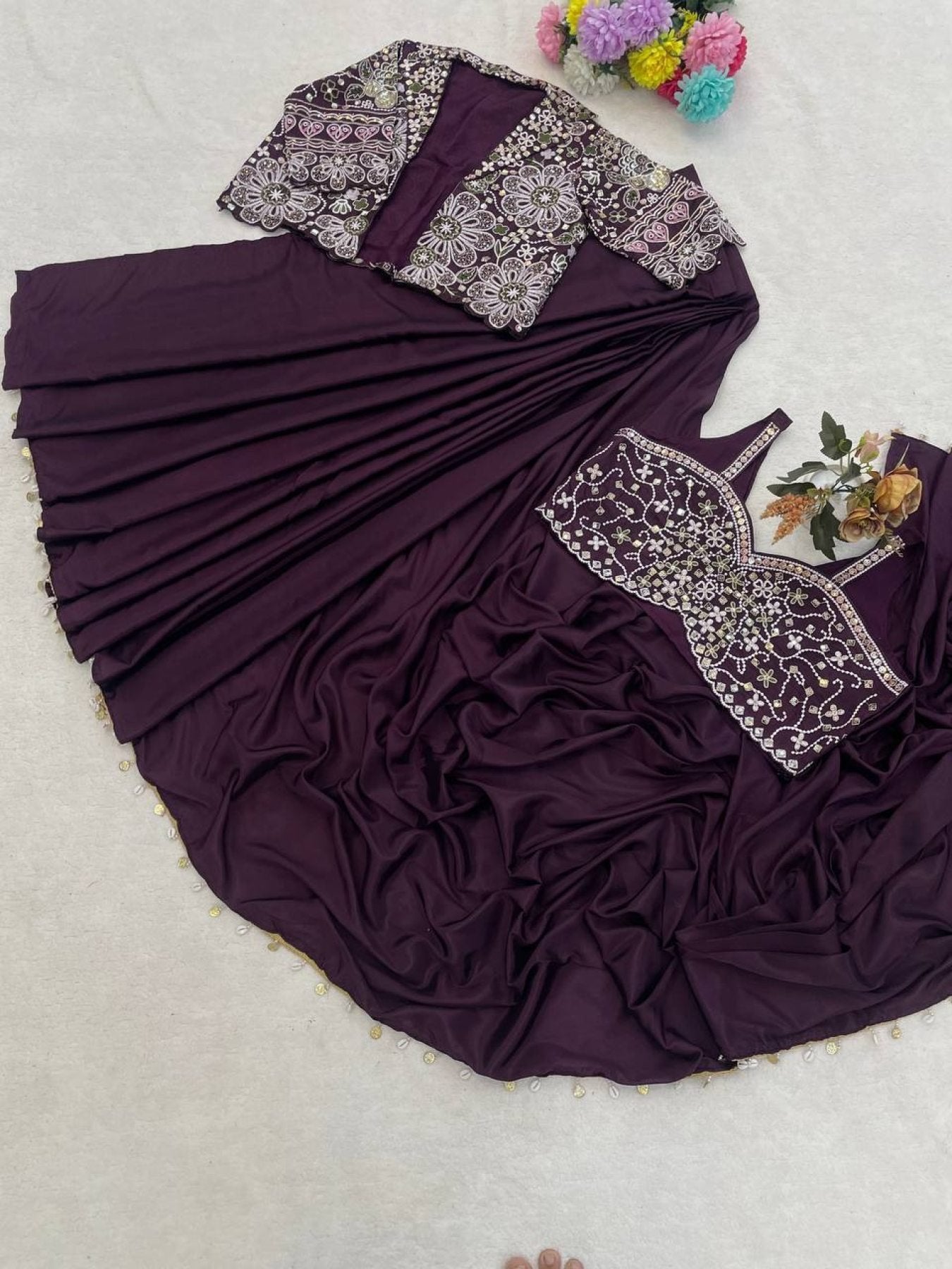 Wine Crepe Saree - Embroidery pallu design detail