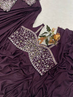 Wine Crepe Saree - Embroidery back view