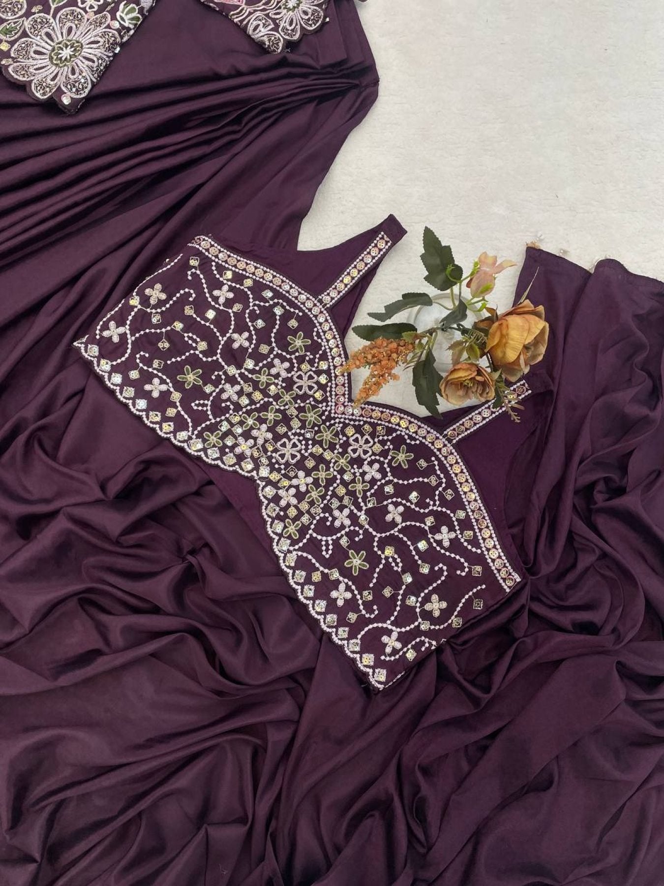 Wine Crepe Saree - Embroidery back view
