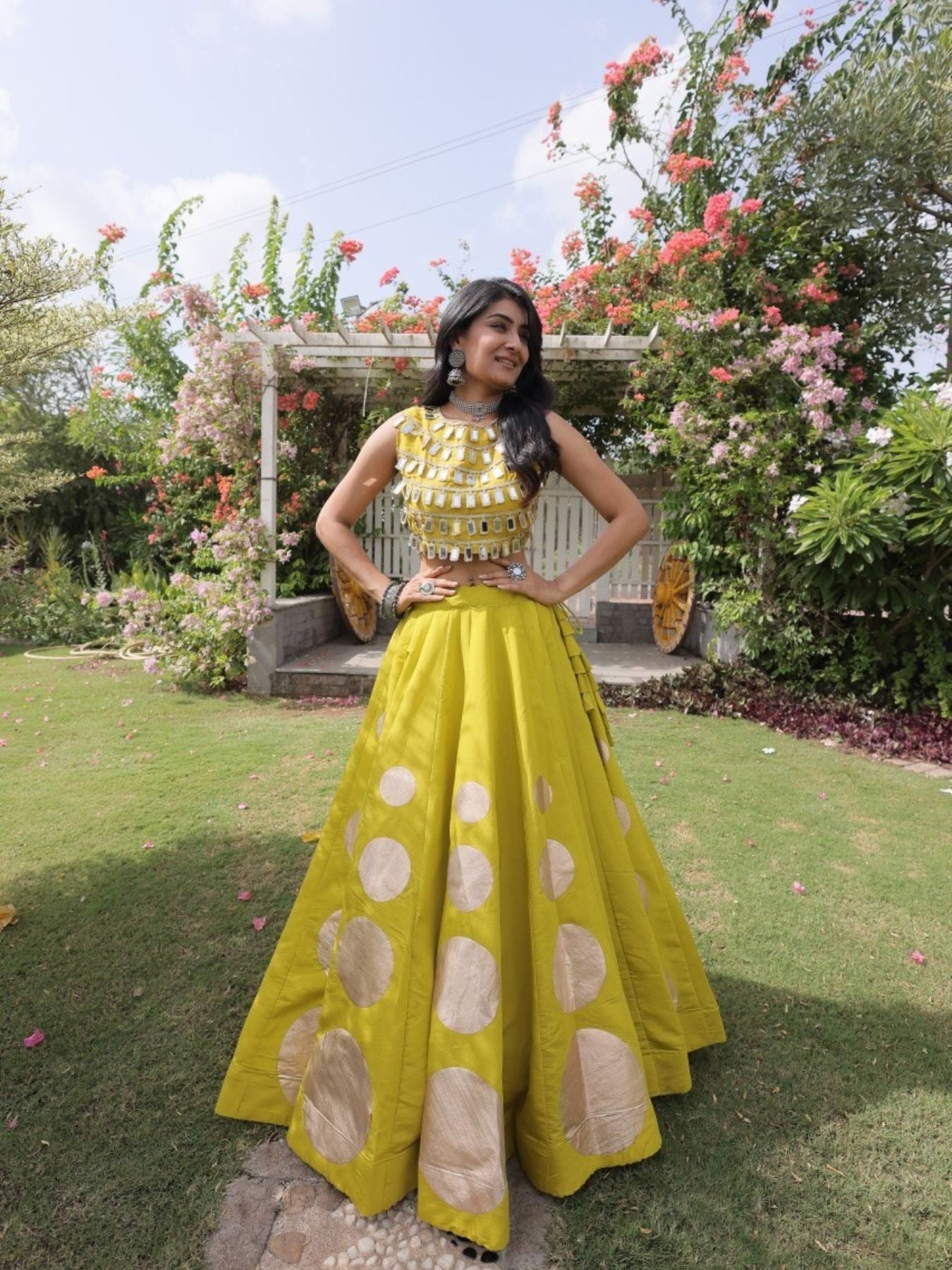 Roman Silk Navratri Lehenga Choli with Mirror Lace Work and 6 Meter Flair back view