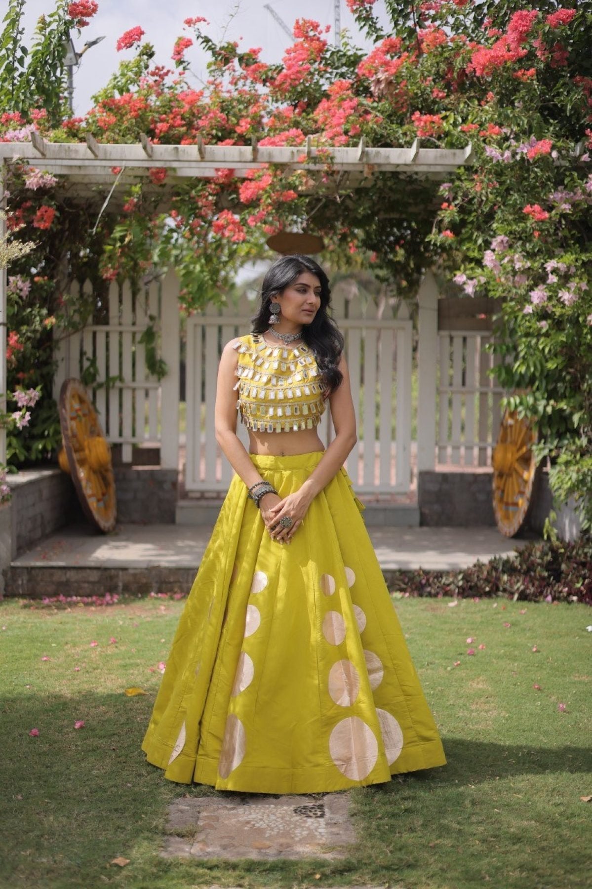 Roman Silk Navratri Lehenga Choli with Mirror Lace Work and 6 Meter Flair blouse and dupatta detail