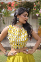 Roman Silk Navratri Lehenga Choli with Mirror Lace Work and 6 Meter Flair embroidery close-up
