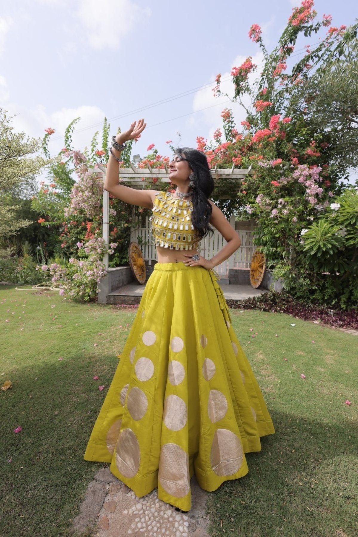 Roman Silk Navratri Lehenga Choli with Mirror Lace Work and 6 Meter Flair front view