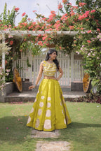 Roman Silk Navratri Lehenga Choli with Mirror Lace Work and 6 Meter Flair blouse and dupatta detail