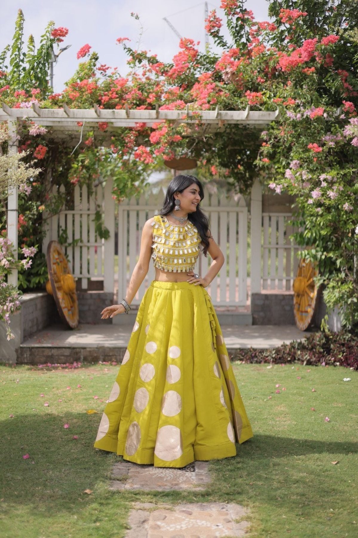 Roman Silk Navratri Lehenga Choli with Mirror Lace Work and 6 Meter Flair blouse and dupatta detail