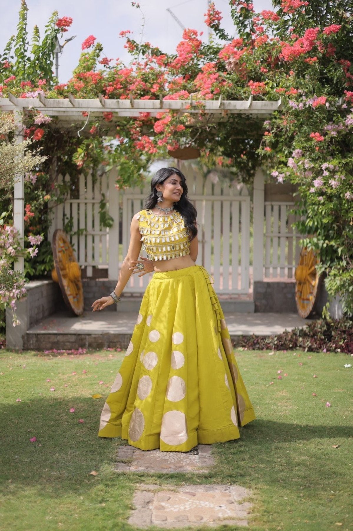 Roman Silk Navratri Lehenga Choli with Mirror Lace Work and 6 Meter Flair embroidery close-up