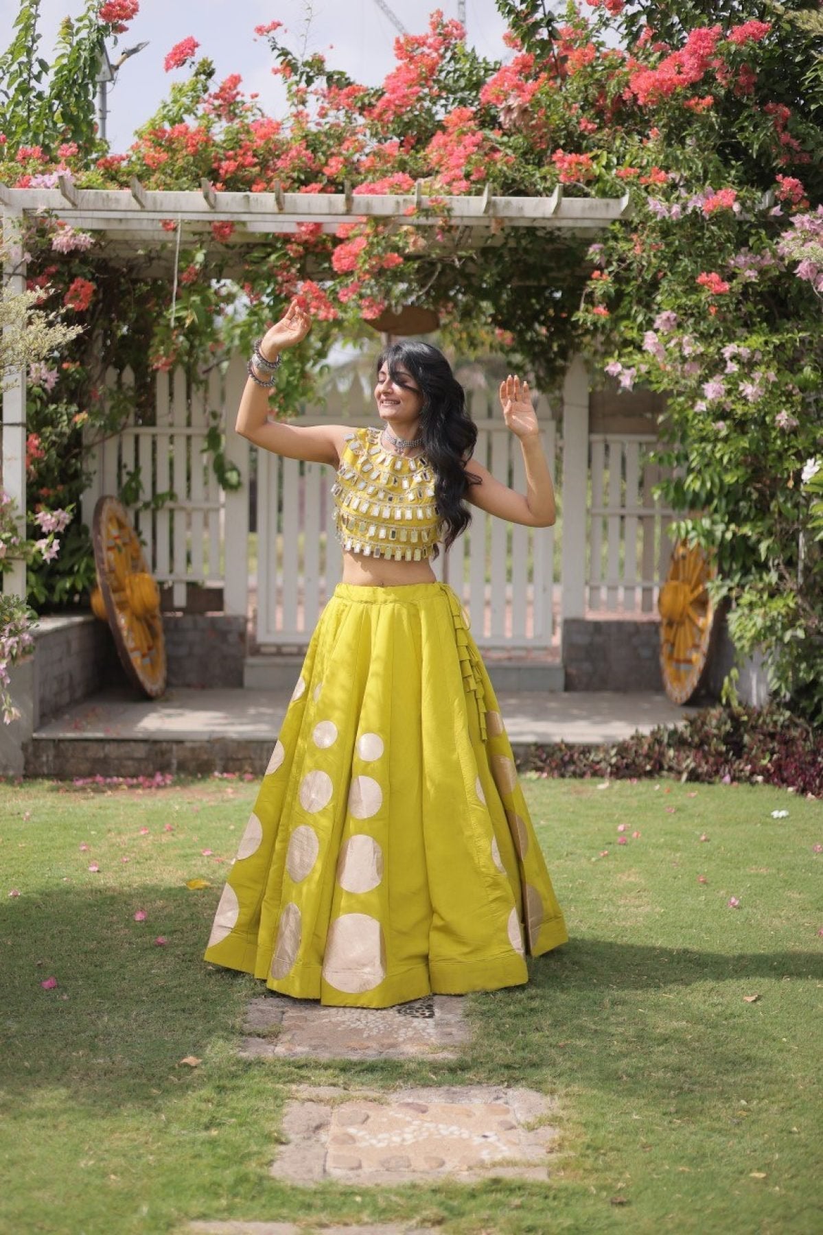 Roman Silk Navratri Lehenga Choli with Mirror Lace Work and 6 Meter Flair fabric texture detail