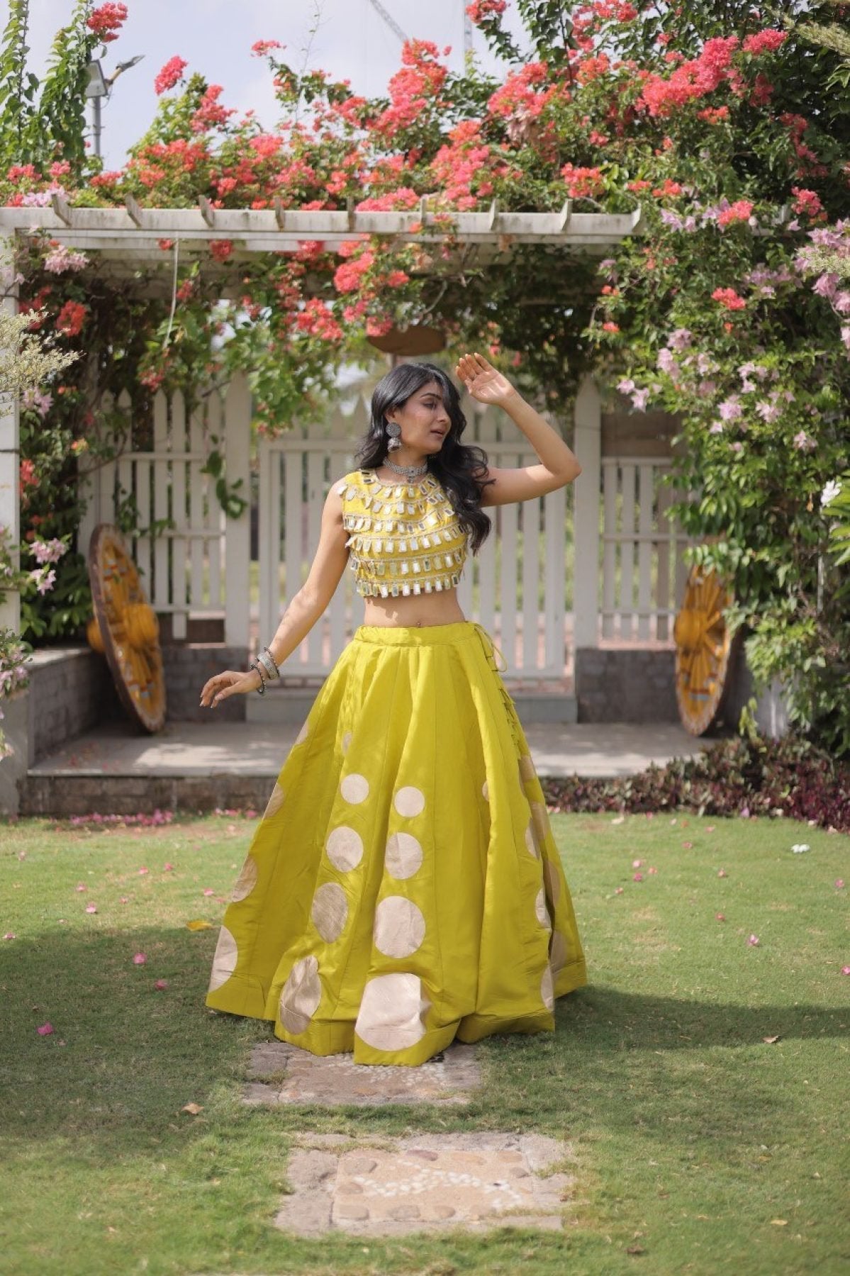 Roman Silk Navratri Lehenga Choli with Mirror Lace Work and 6 Meter Flair back view
