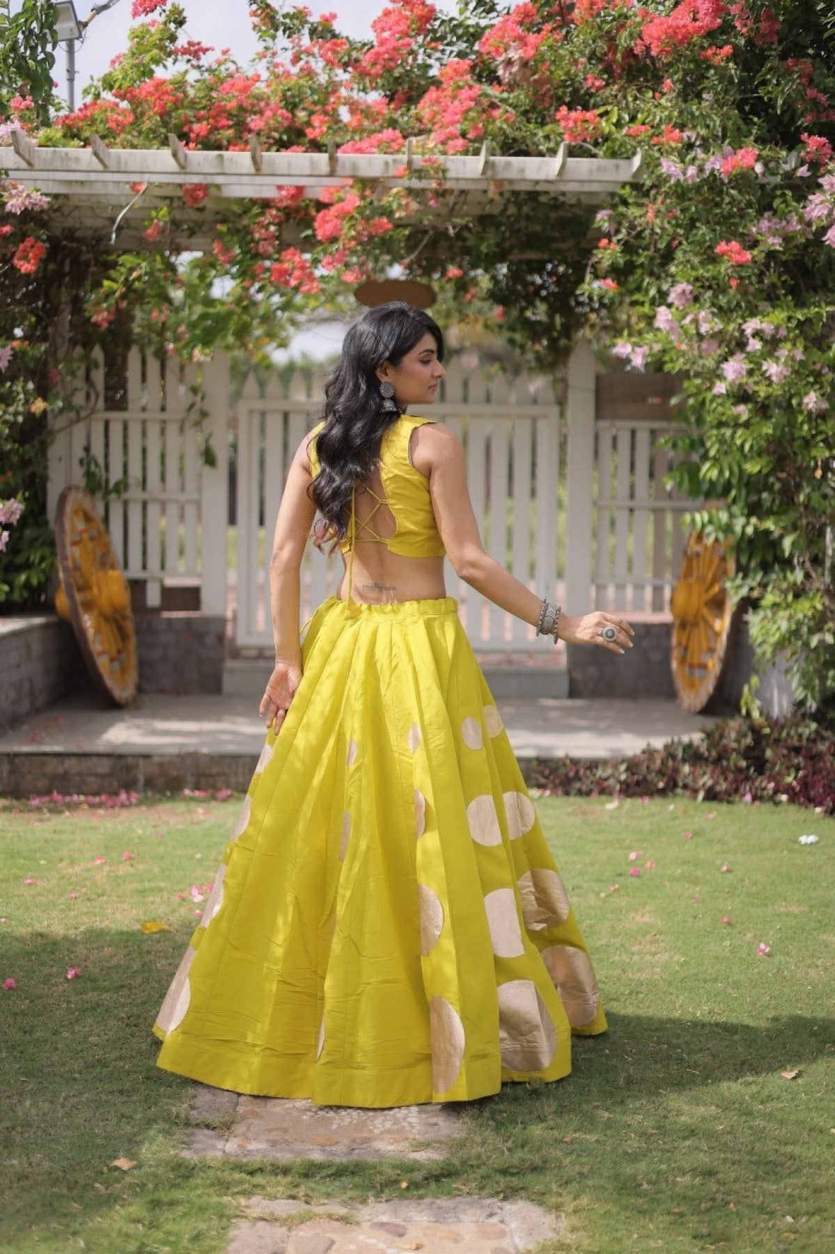 Roman Silk Navratri Lehenga Choli with Mirror Lace Work and 6 Meter Flair styling view