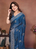 Blue Chiffon Saree - side drape view
