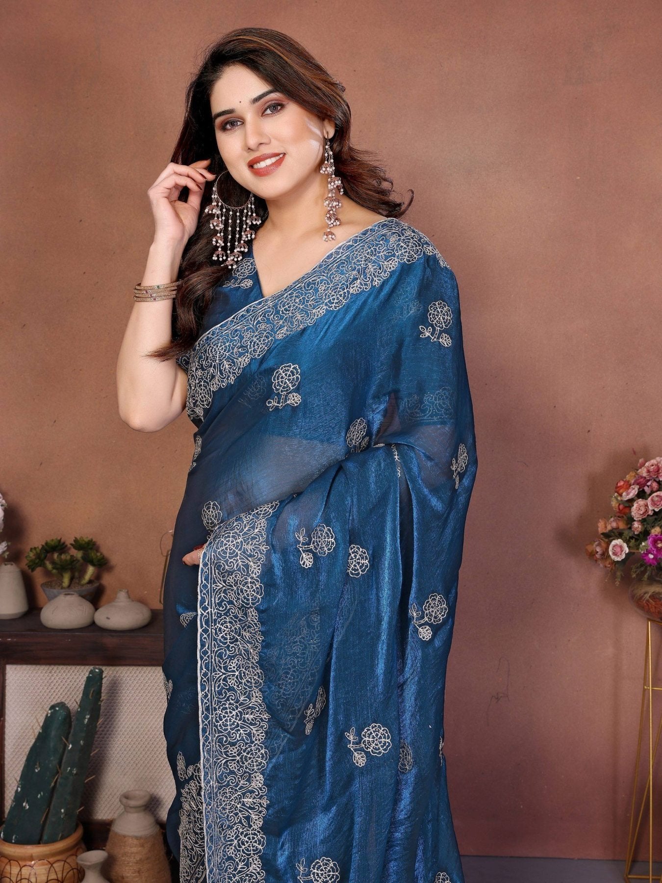 Blue Chiffon Saree - side drape view