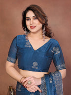 Blue Chiffon Saree - blouse and border close-up