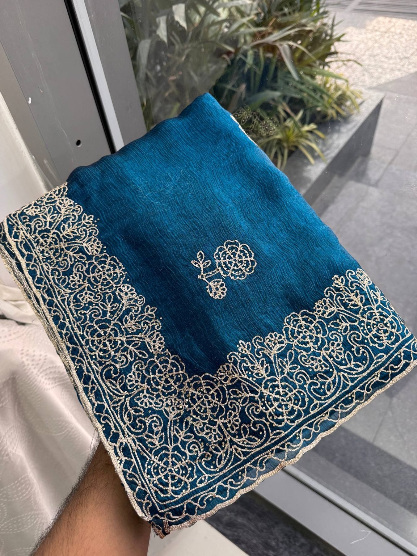 Blue Chiffon Saree - fabric texture close-up