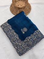 Blue Chiffon Saree - Embroidery pallu design detail