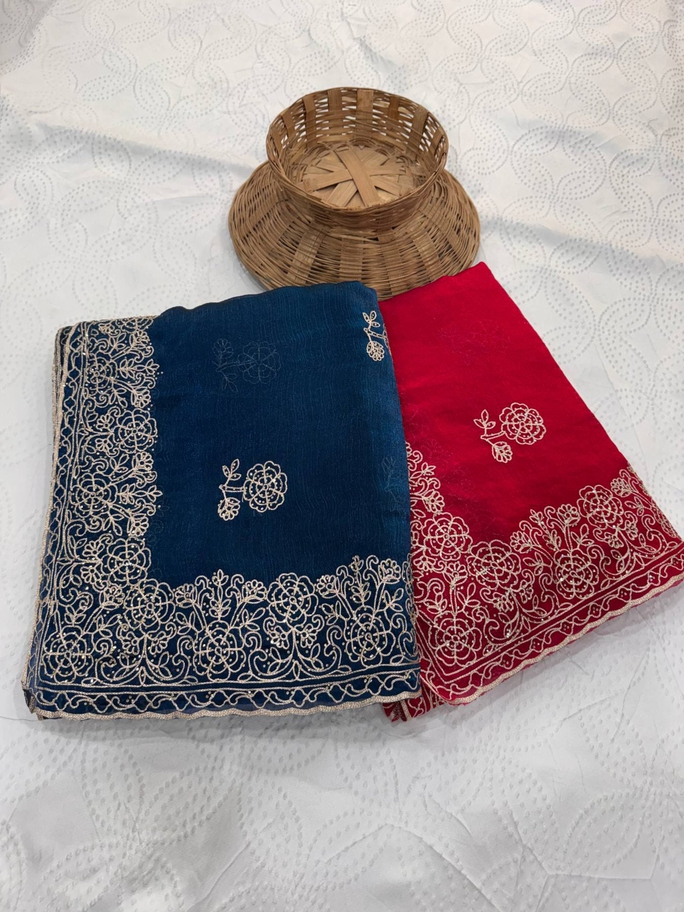 Blue Chiffon Saree - Embroidery back view