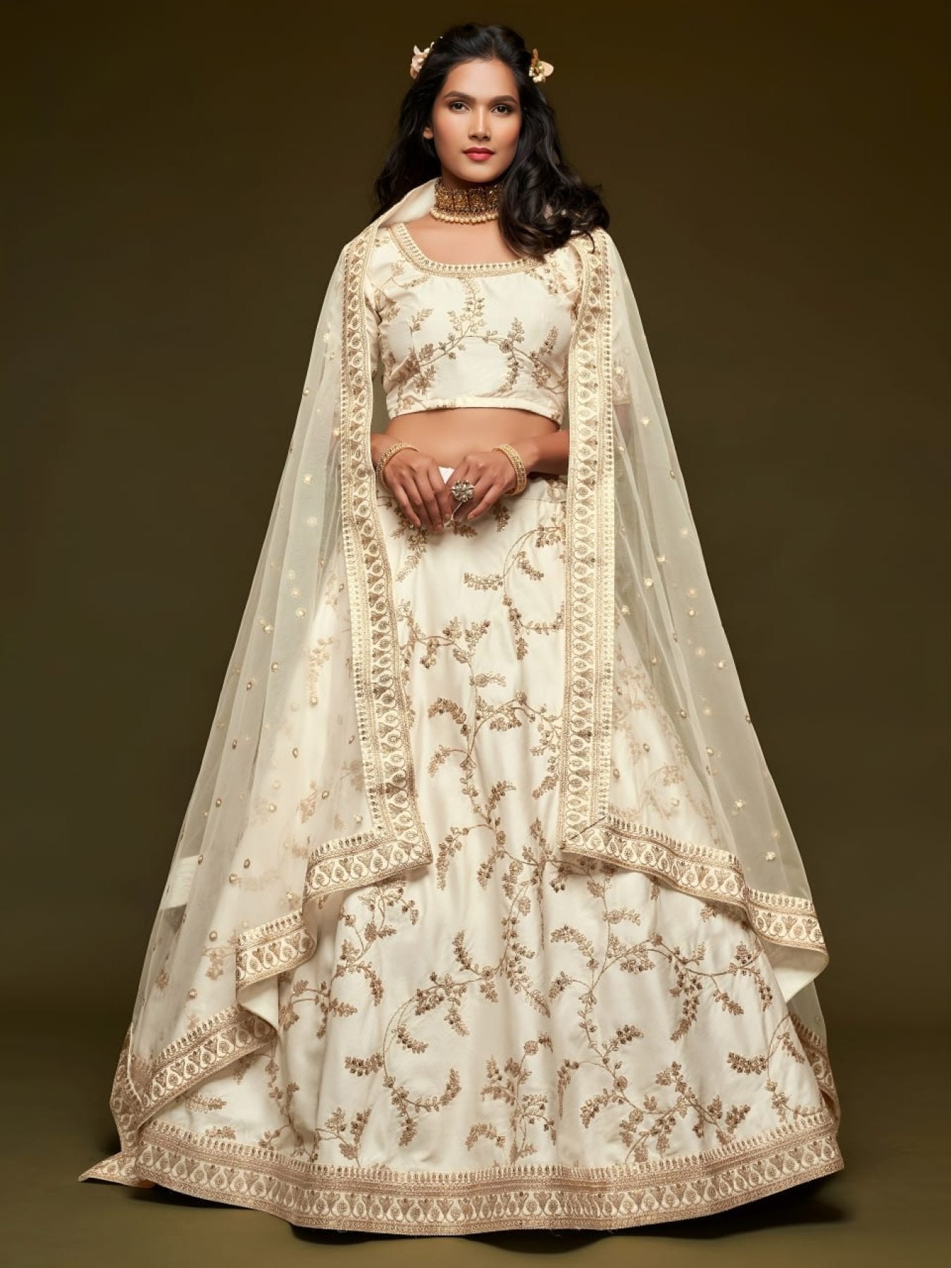 Parrot Green Art Silk Lehenga Choli Set with Heavy Zari and Sequins Work front view