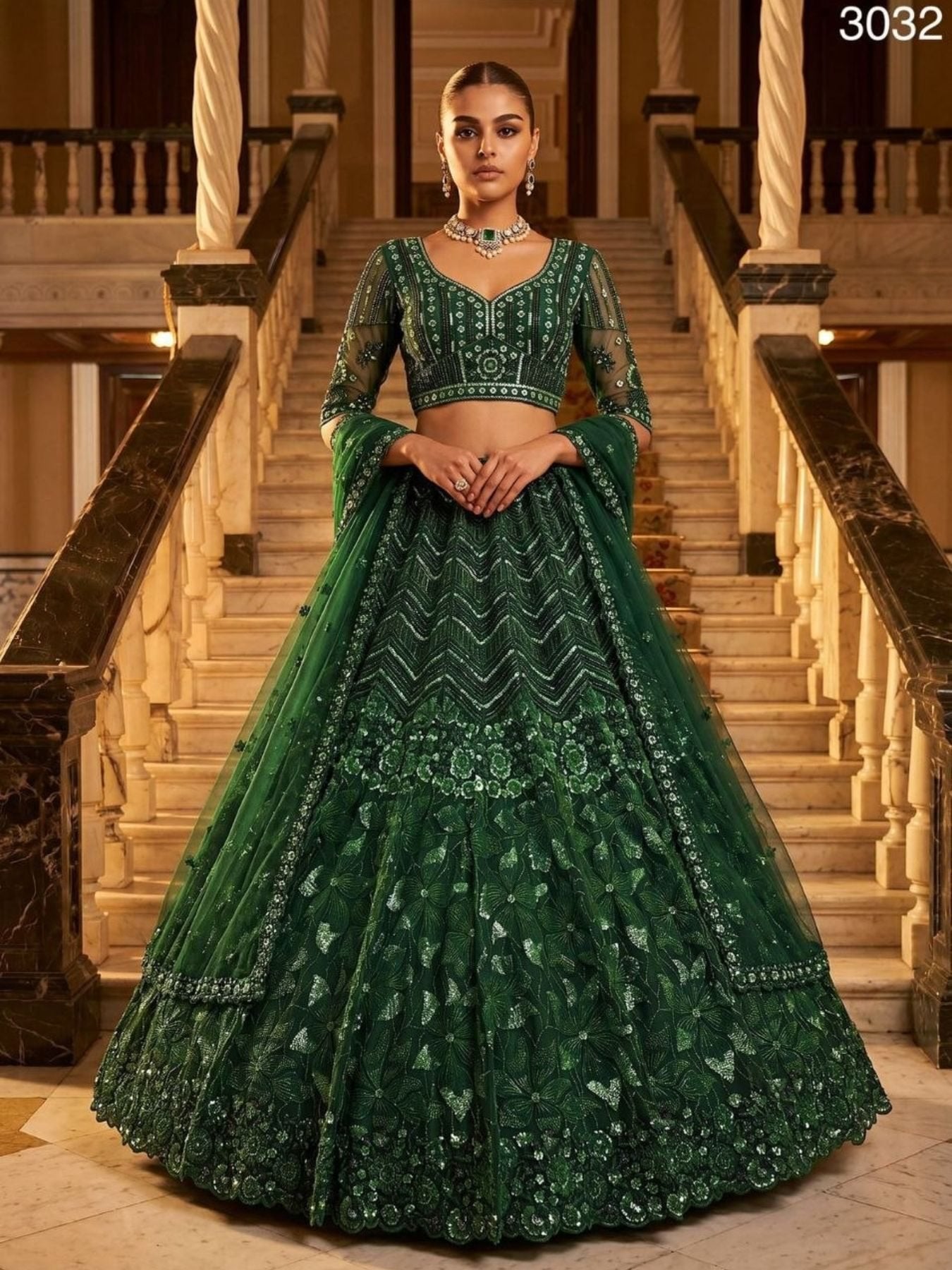 Green Emerald Empress Net Lehenga Choli with Sequin and Zardosi Work full drape view