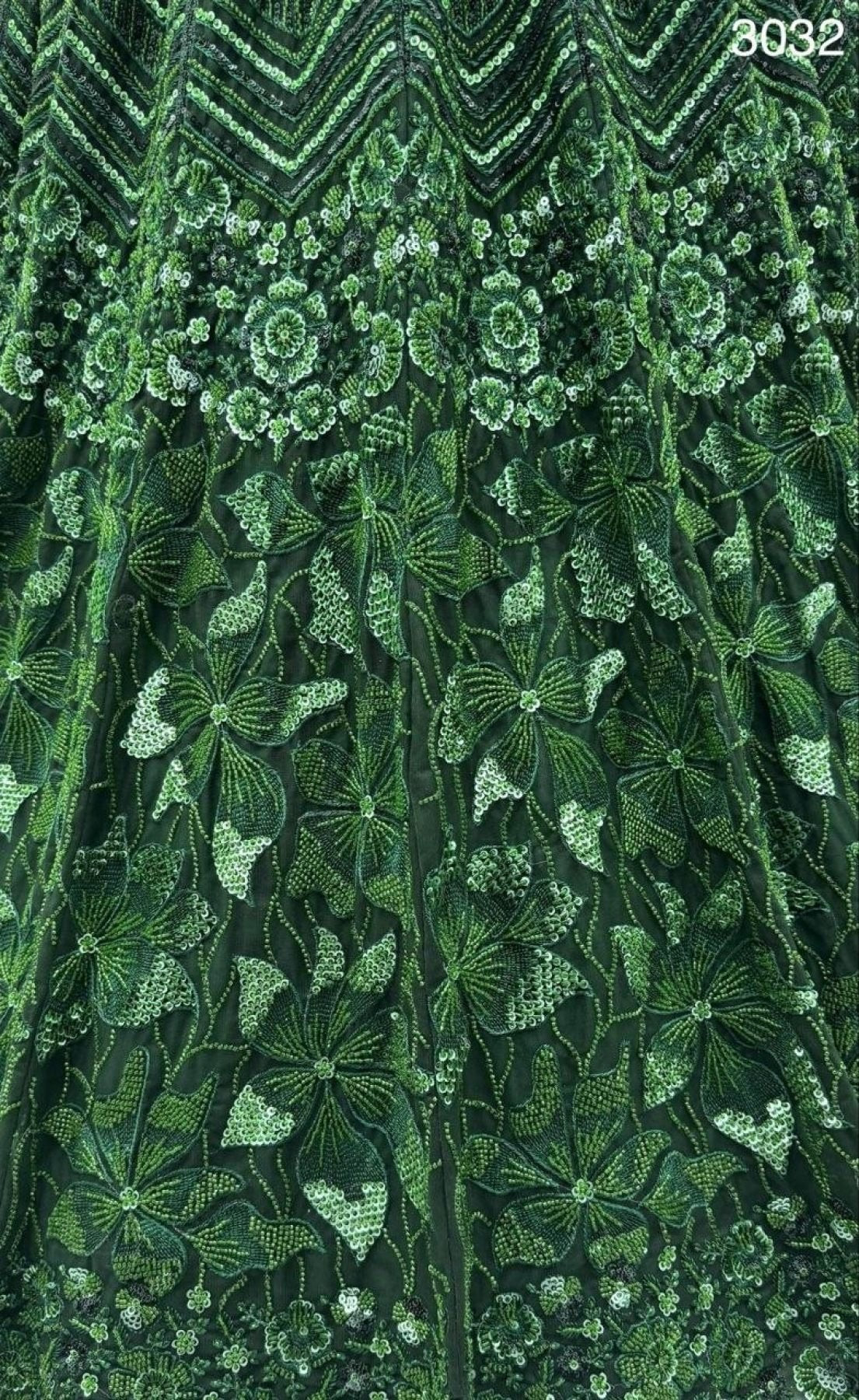 Green Emerald Empress Net Lehenga Choli with Sequin and Zardosi Work blouse and dupatta detail