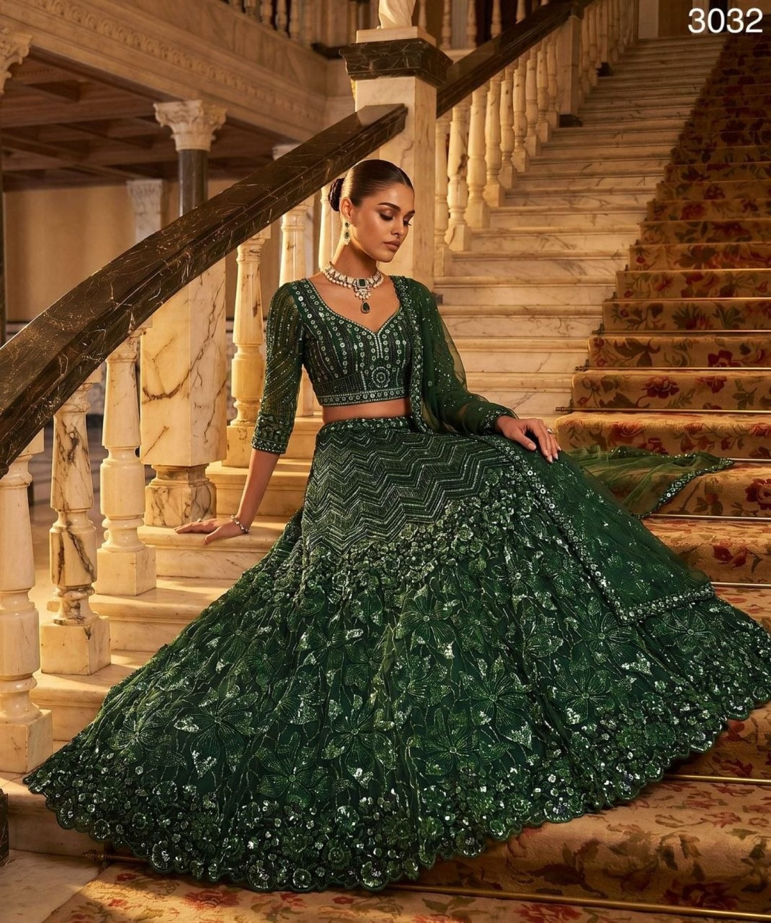 Green Emerald Empress Net Lehenga Choli with Sequin and Zardosi Work fabric texture detail
