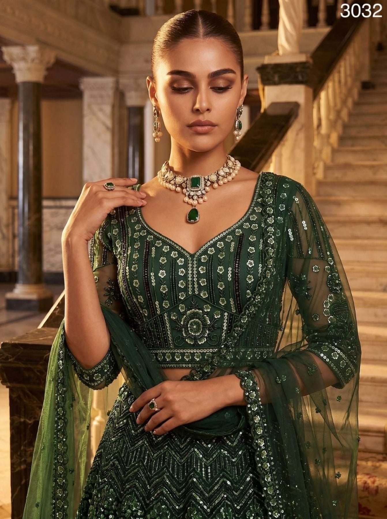 Green Emerald Empress Net Lehenga Choli with Sequin and Zardosi Work back view