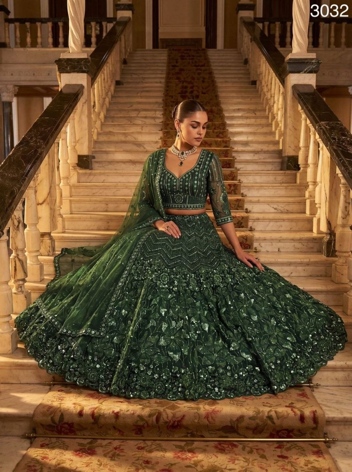 Green Emerald Empress Net Lehenga Choli with Sequin and Zardosi Work styling view