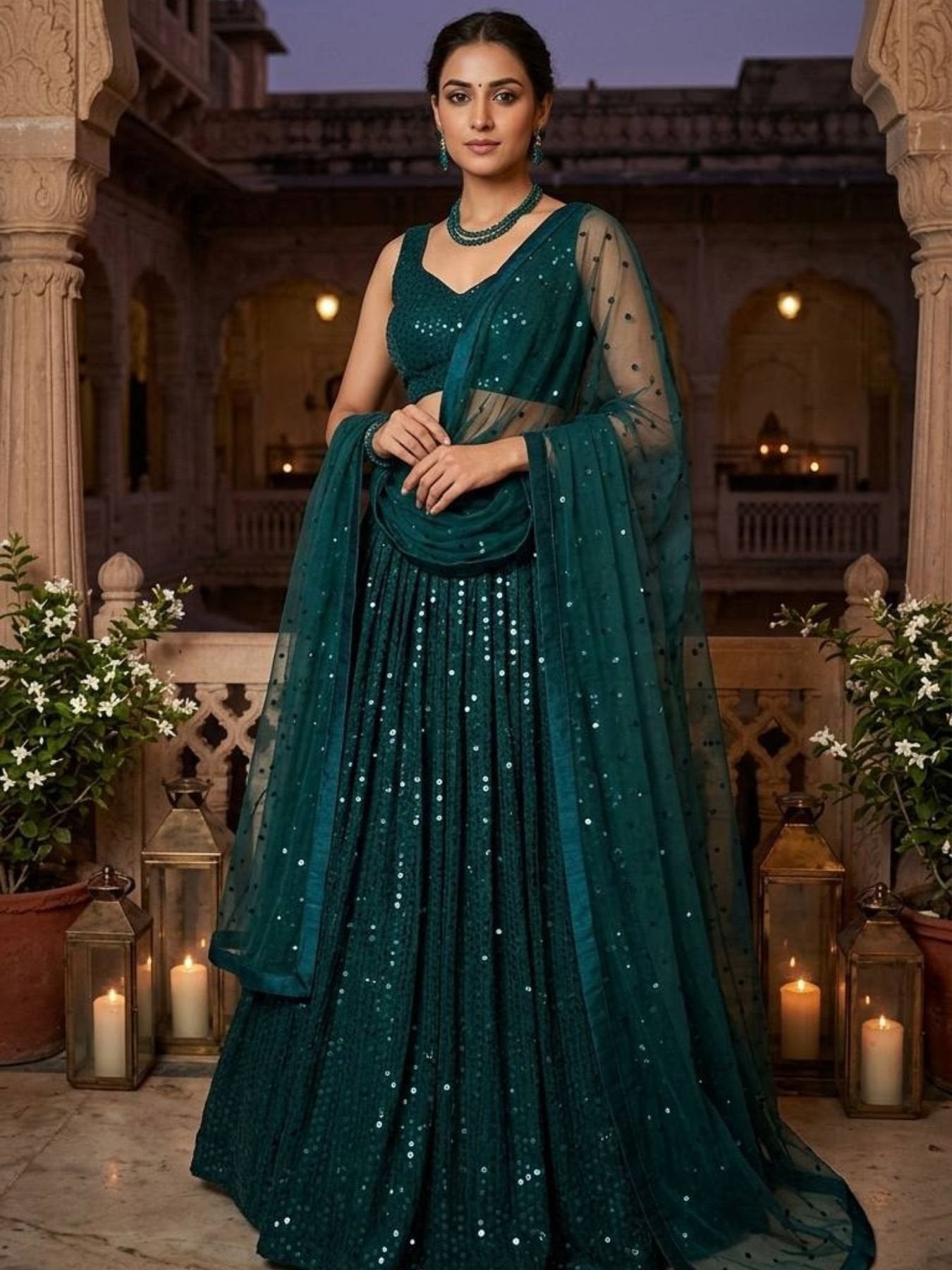 Georgette Lehenga with Heavy Sequins Work and Velvet Border Dupatta for women | Snyvia