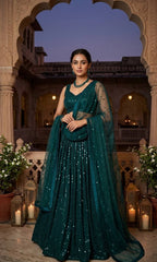 Green Georgette Lehenga with Heavy Sequins Work and Velvet Border Dupatta full drape view
