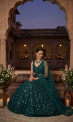 Green Georgette Lehenga with Heavy Sequins Work and Velvet Border Dupatta blouse and dupatta detail
