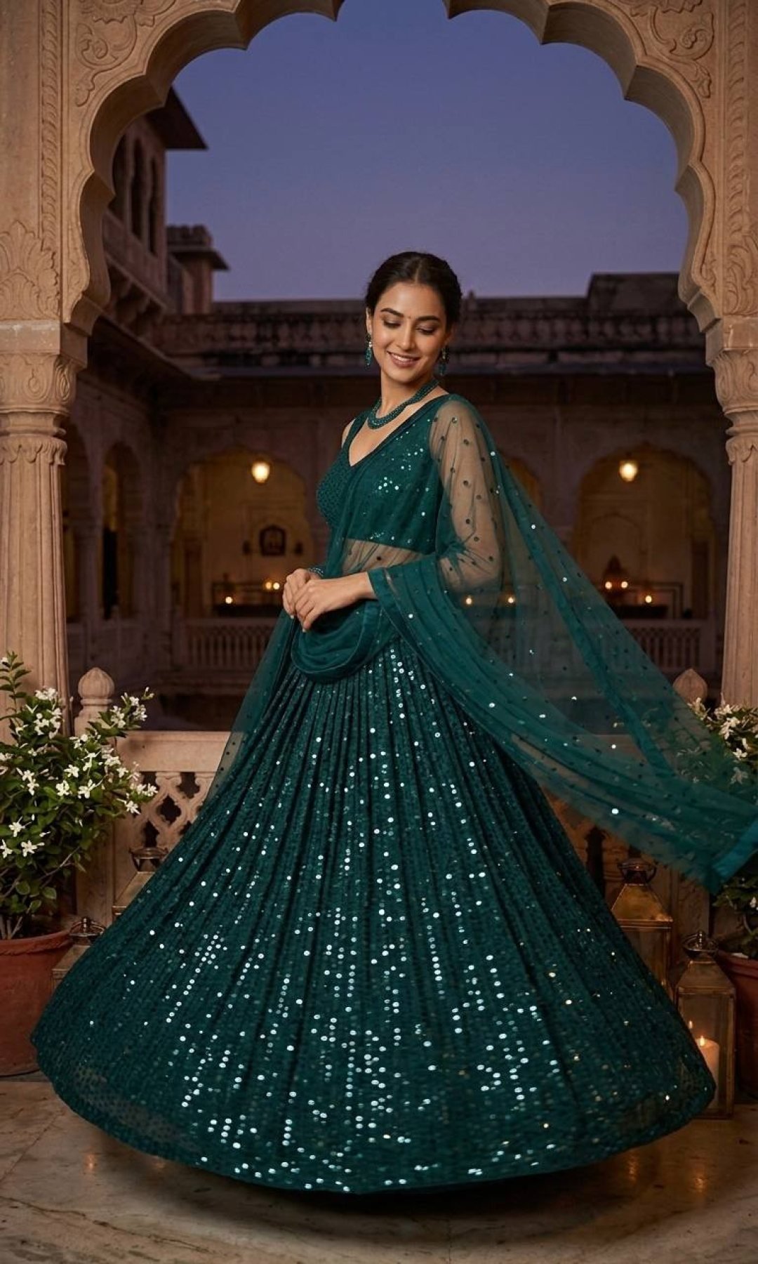 Green Georgette Lehenga with Heavy Sequins Work and Velvet Border Dupatta embroidery close-up