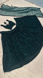 Green Georgette Lehenga with Heavy Sequins Work and Velvet Border Dupatta fabric texture detail