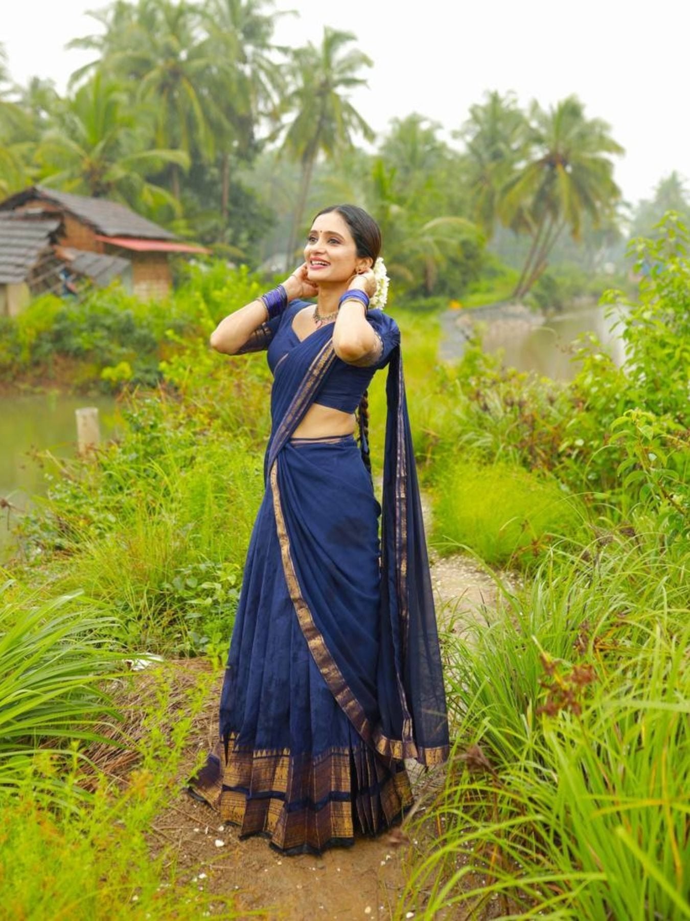 Half Saree Lehenga with Kanchi Cotton for Traditional Wear front view