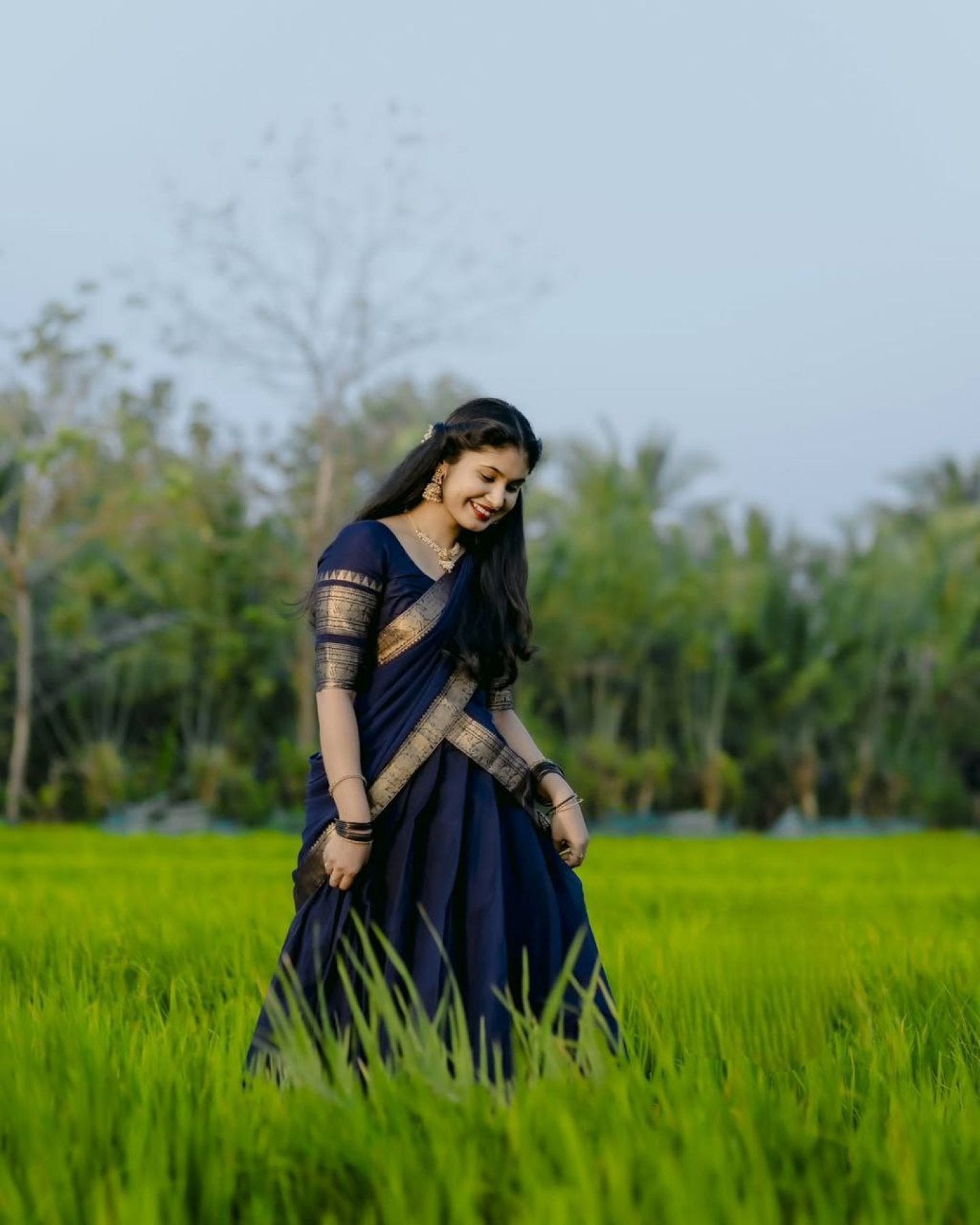 Half Saree Lehenga with Kanchi Cotton for Traditional Wear blouse and dupatta detail