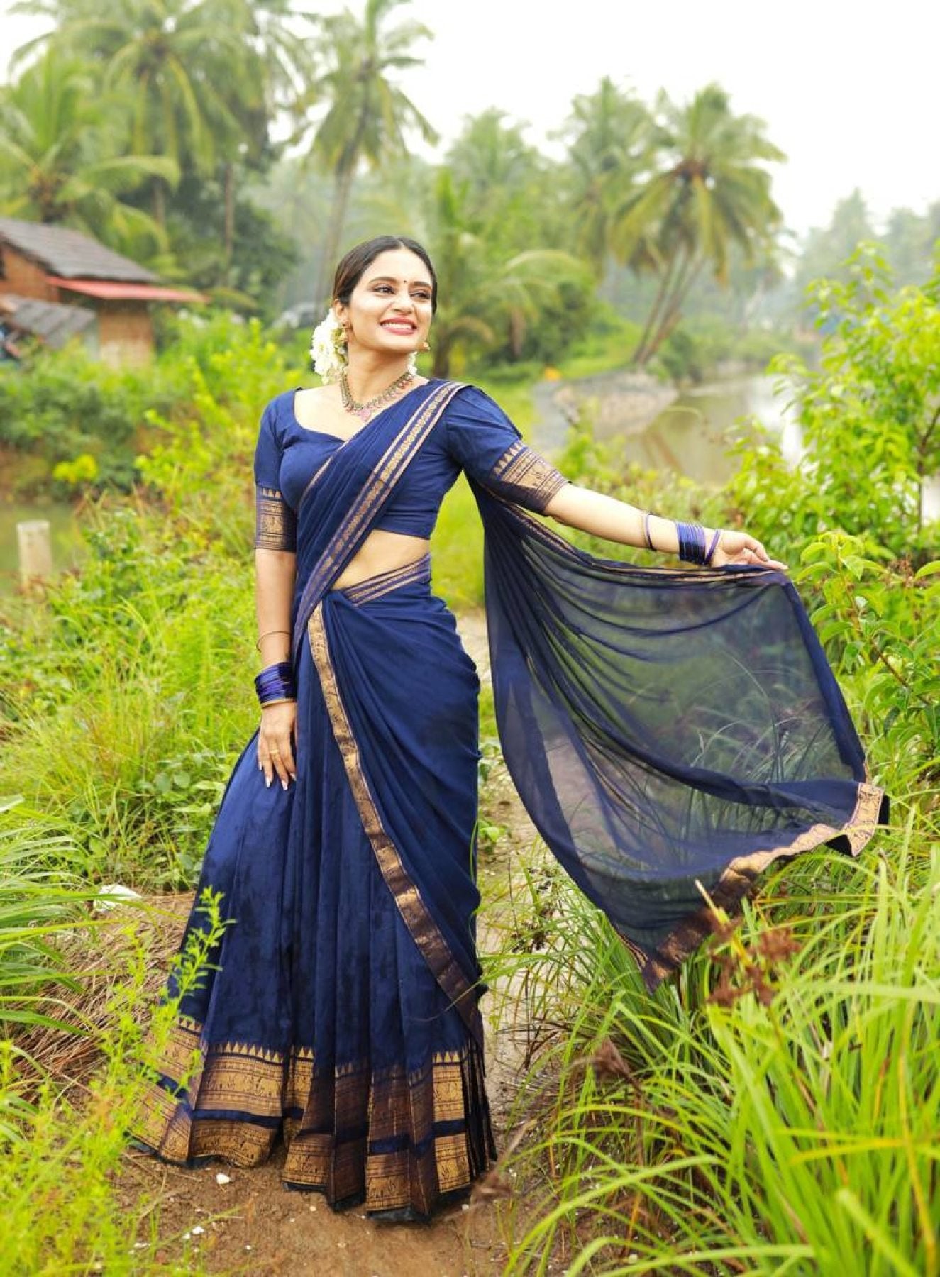 Half Saree Lehenga with Kanchi Cotton for Traditional Wear embroidery close-up