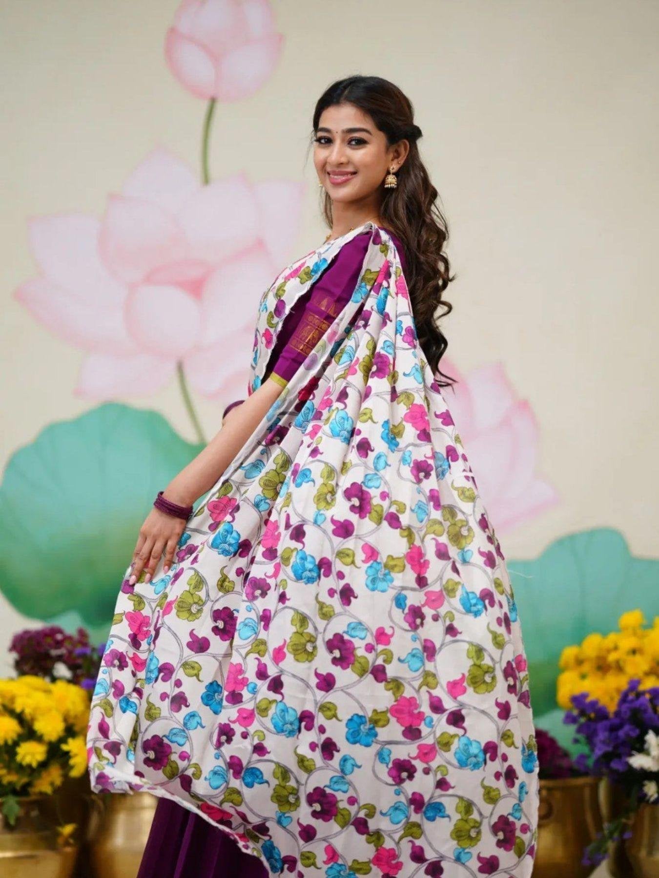Color Kanjivaram Silk Zari Half Saree Lehenga with Linen Printed Dupatta embroidery close-up