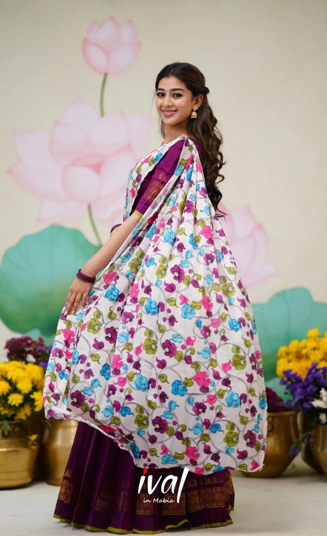 Color Kanjivaram Silk Zari Half Saree Lehenga with Linen Printed Dupatta back view