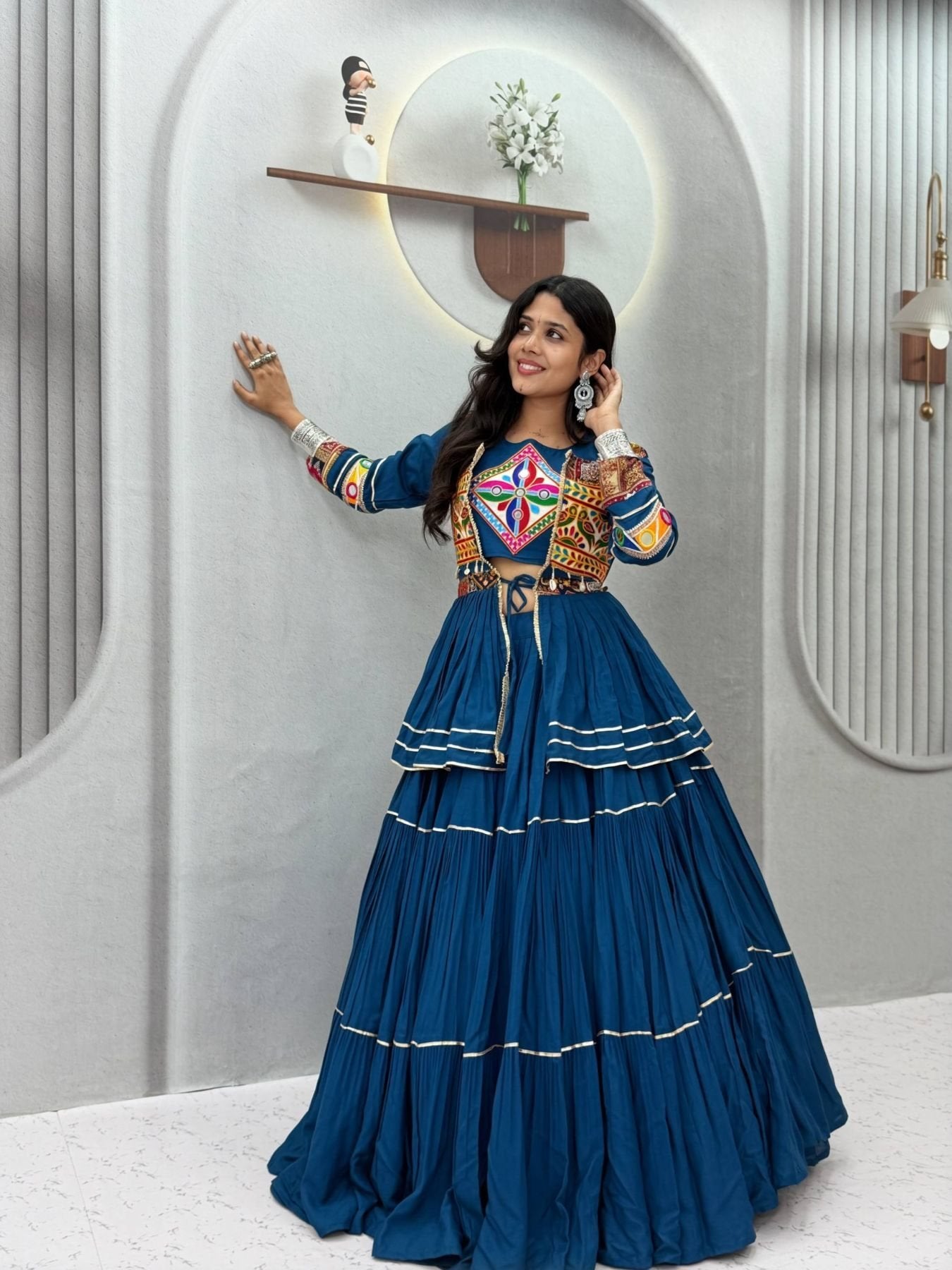 Navratri Gamthi Work Cotton Lehenga Choli with Koti and 9 Meter Flair blouse and dupatta detail